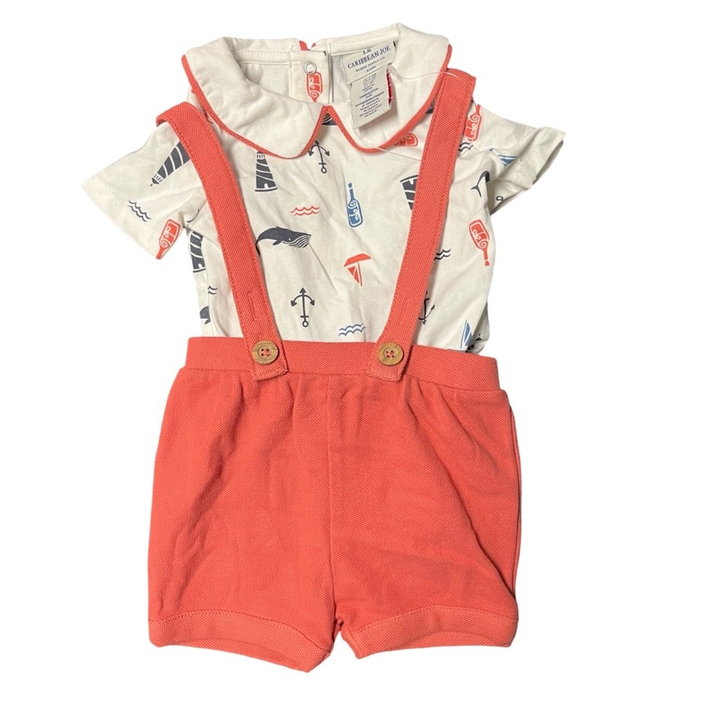 NWOT Caribbean Joe Baby Boy Nautical Bodysuit and Suspender Shorts Set 3-6 Month